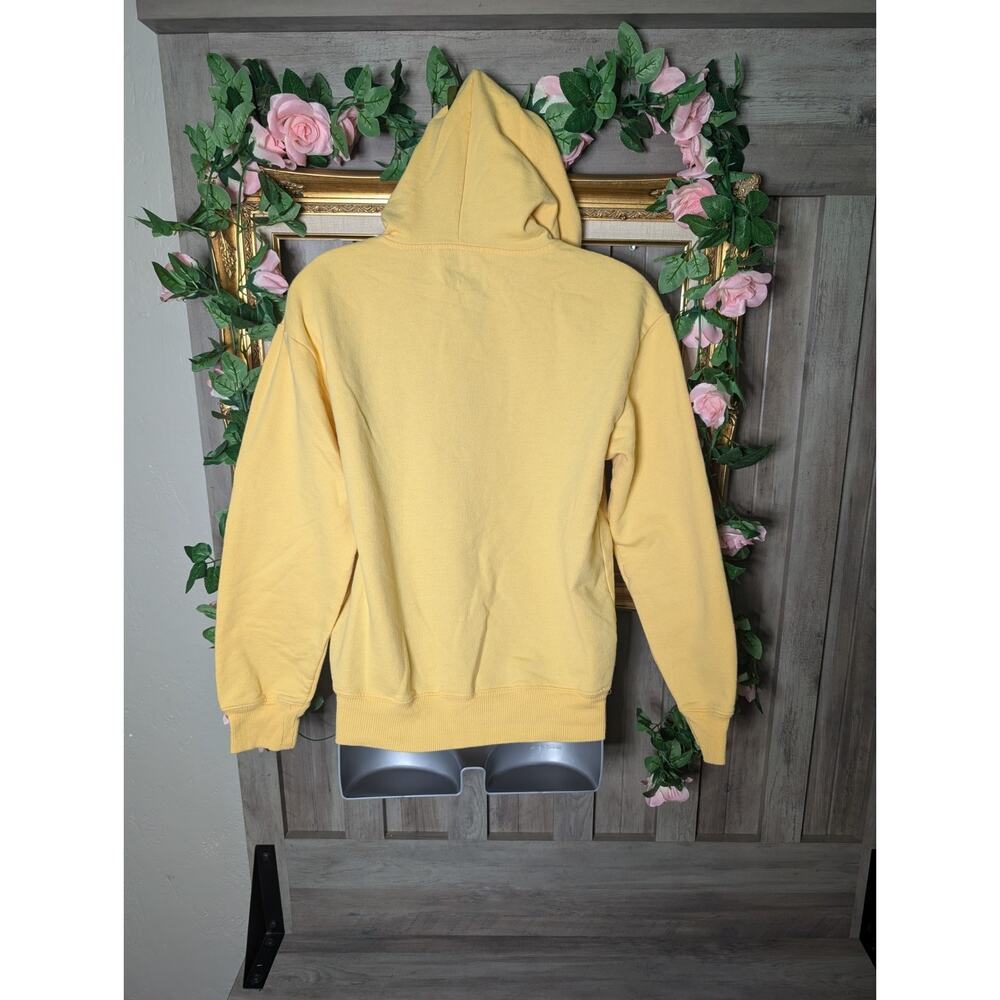 MTV Yellow Floral Logo Graphic Print Fleece Pullover Hoodie Women's XS Pockets - Picture 3 of 4